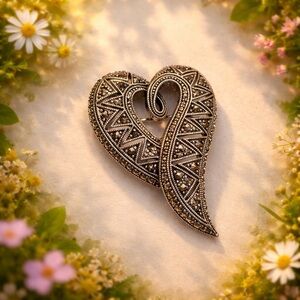 Vintage Sterling Silver Marcasite Open Heart Brooch Pin